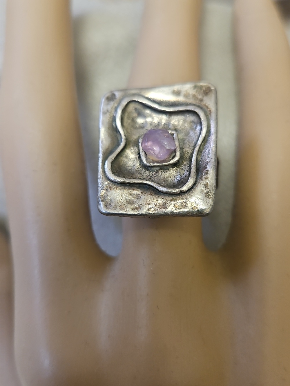 Sterling Silver art artisan ring with Genuine Amethys Stone Adjustable